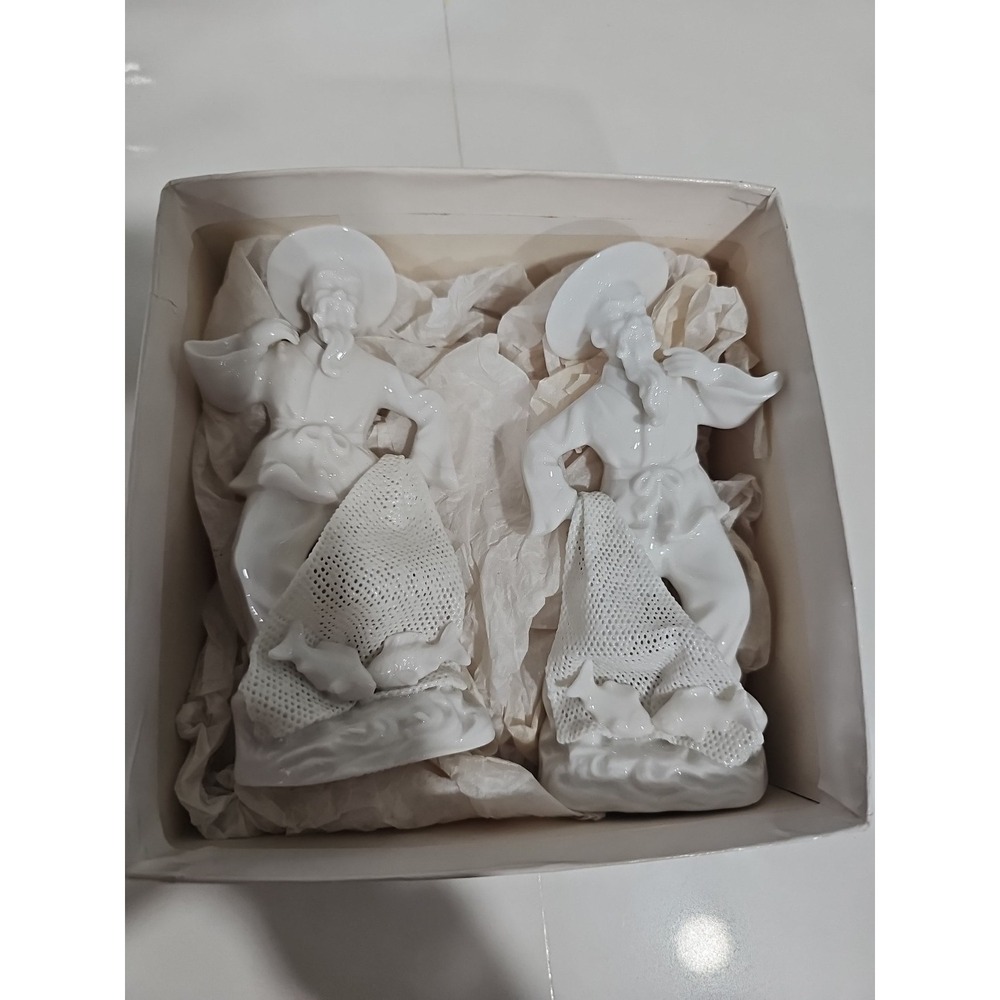 VINTAGE BLANC DE CHINE PORCELAIN ASIAN MAN FISHING WITH NET #6224A And #6224B